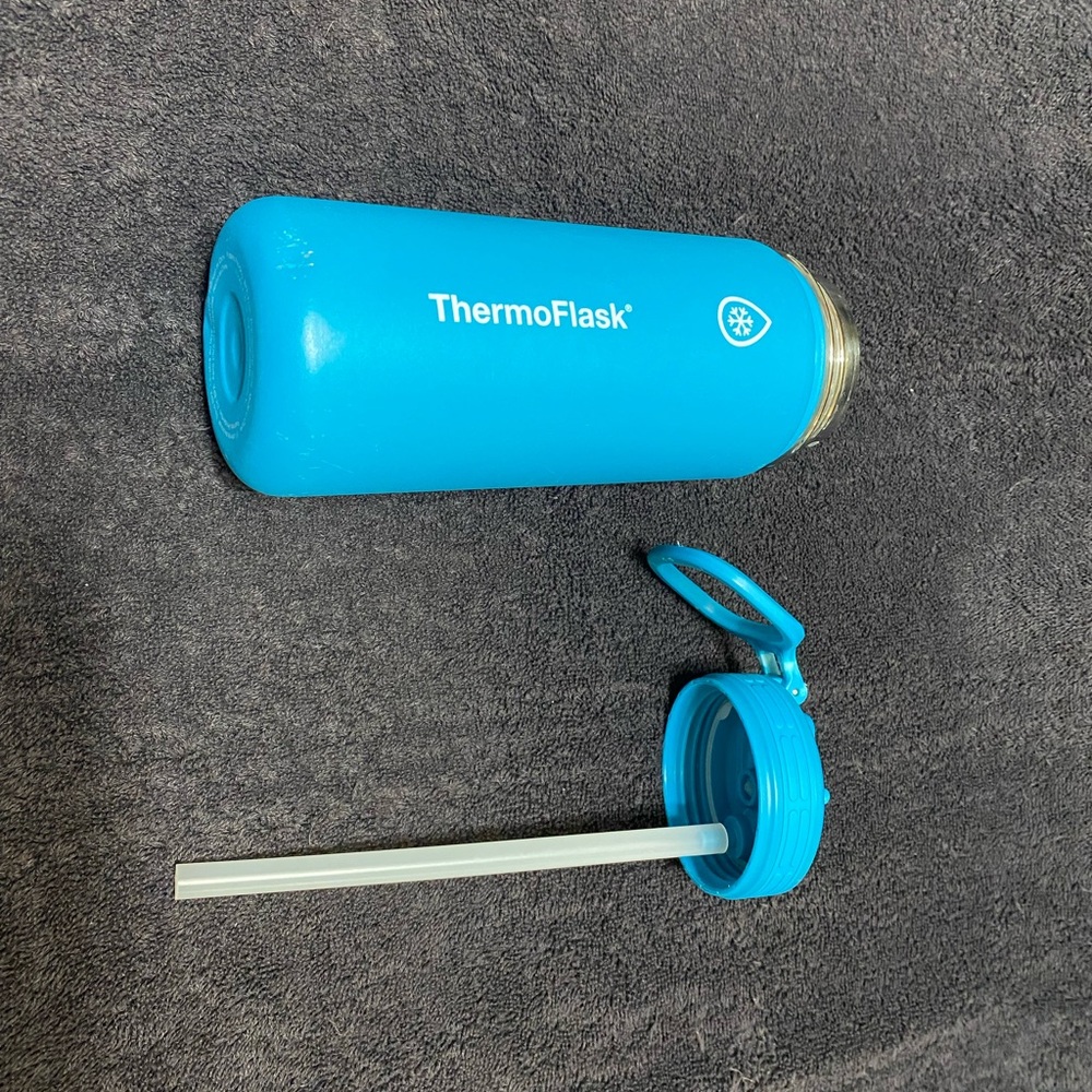 ThermoFlask Blue Water Bottle with Straw